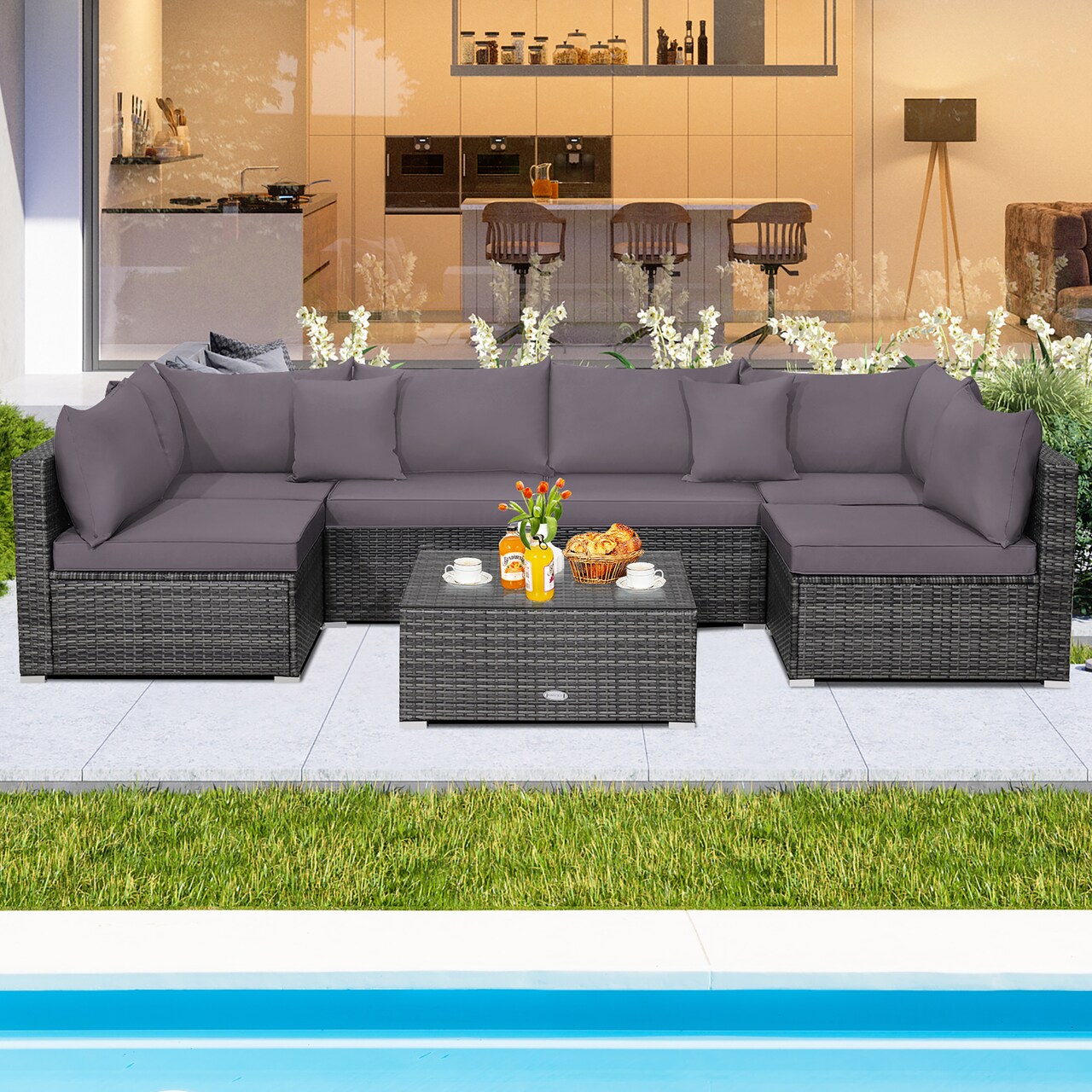 Costway 7PCS Patio Rattan Furniture Set Sectional Sofa Cushioned Garden Gray